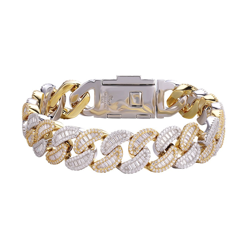 14k Cuban 18mm Bracelet Baguette Moissanite 2 Tone Silver